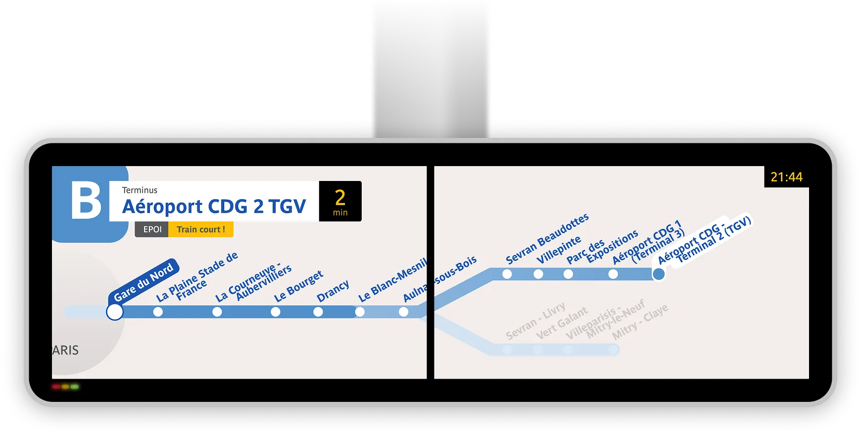 Ecran d'information voyageur type RATP, indiquant la dessserte du prochain train RER B