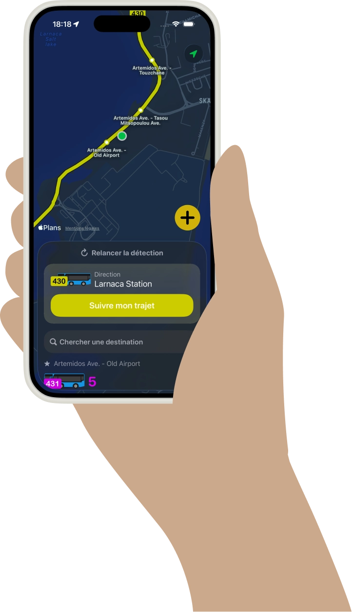 Application Wagon sur un iPhone 8, avec les prochains départs des bus à proximité
