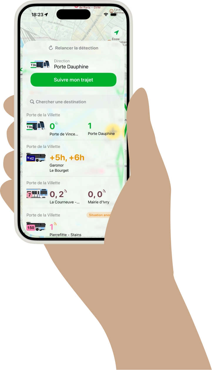 Application Wagon sur un iPhone 8, avec les prochains départs des bus à proximité